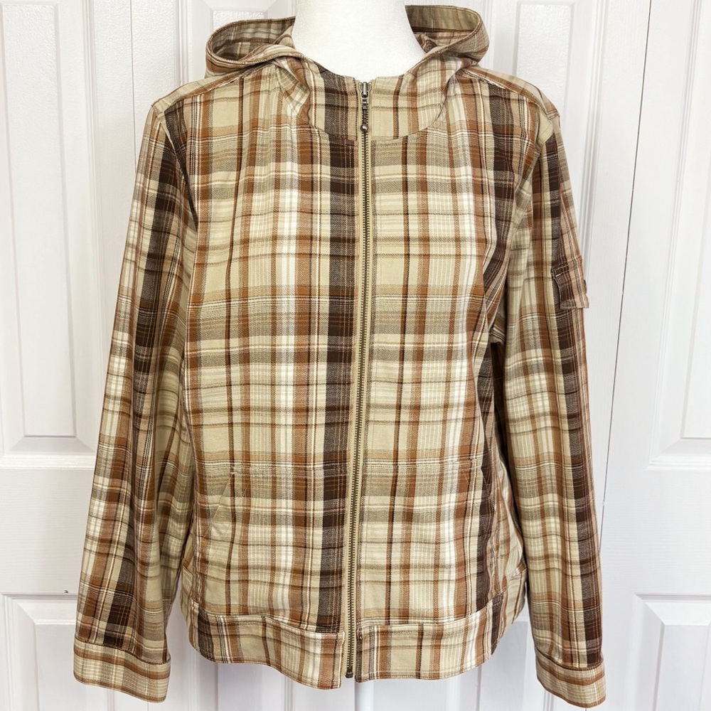 Christopher & Banks Brown Plaid Cargo Long Sleeve Zip Hooded Jacket XL